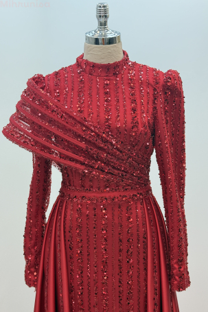 Omuz Detaylı Saten Elegance Abiye - Kırmızı - 3