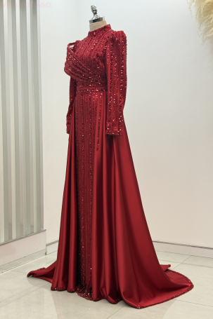 Omuz Detaylı Saten Elegance Abiye - Kırmızı - 4