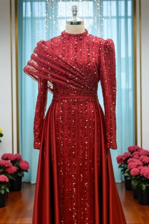 Omuz Detaylı Saten Elegance Abiye - Kırmızı 