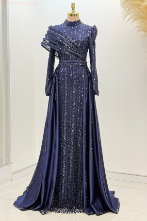 Omuz Detaylı Saten Elegance Abiye - Lacivert - Rana Zenn