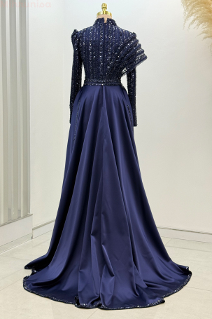 Omuz Detaylı Saten Elegance Abiye - Lacivert - 2