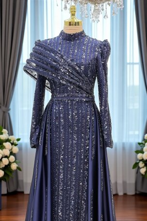 Omuz Detaylı Saten Elegance Abiye - Lacivert 