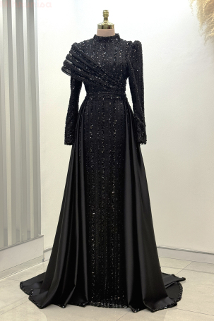 Omuz Detaylı Saten Elegance Abiye - Siyah - Rana Zenn