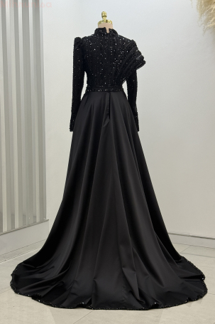 Omuz Detaylı Saten Elegance Abiye - Siyah - 2