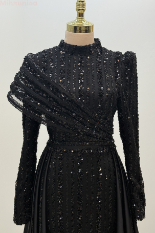 Omuz Detaylı Saten Elegance Abiye - Siyah - 3