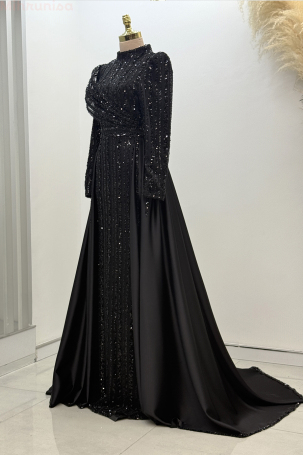 Omuz Detaylı Saten Elegance Abiye - Siyah - 4