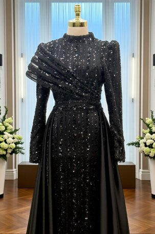 Omuz Detaylı Saten Elegance Abiye - Siyah - 1