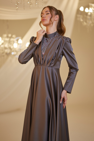 Önü Drape Saten Elif Abiye - Antrasit - 3