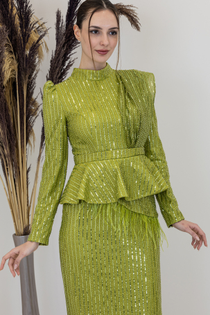 Payetli Peplum Detay Pamira Abiye - Fıstık Yeşili - 3