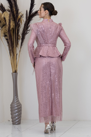 Payetli Peplum Detay Pamira Abiye - Pudra - 2