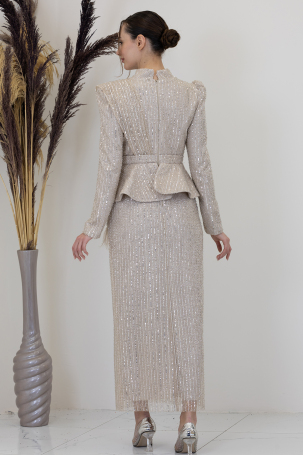 Payetli Peplum Detay Pamira Abiye - Taş - 2