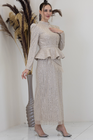 Payetli Peplum Detay Pamira Abiye - Taş - 4