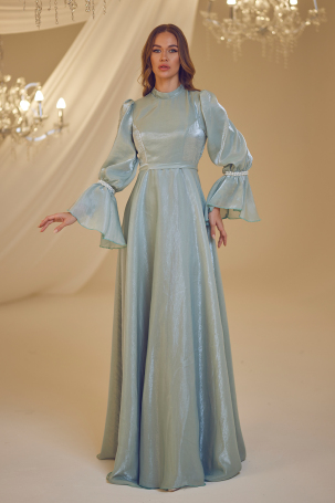 Pearl Beaded Evening Dress with Sleeves - Mint 