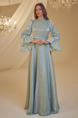 Pearl Beaded Evening Dress with Sleeves - Mint - 2
