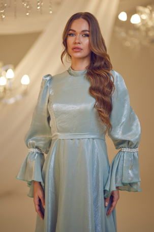 Pearl Beaded Evening Dress with Sleeves - Mint - 3