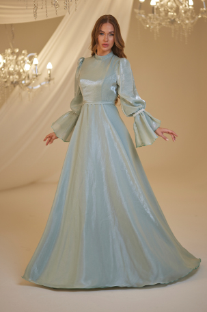 Pearl Beaded Evening Dress with Sleeves - Mint - 4
