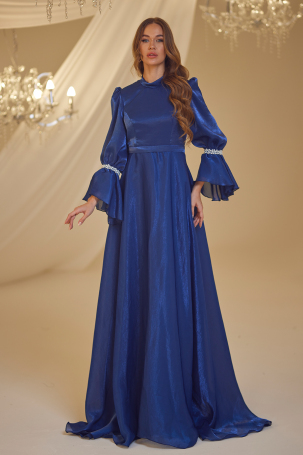 Pearl-Embroidered Evening Dress - Navy Blue 