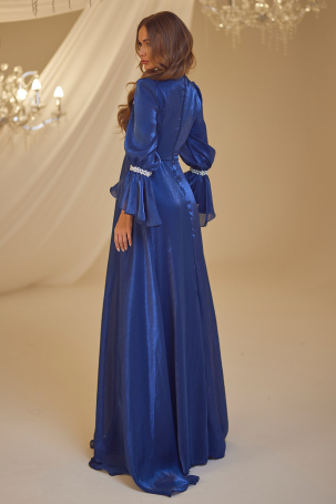 Pearl-Embroidered Evening Dress - Navy Blue - 2