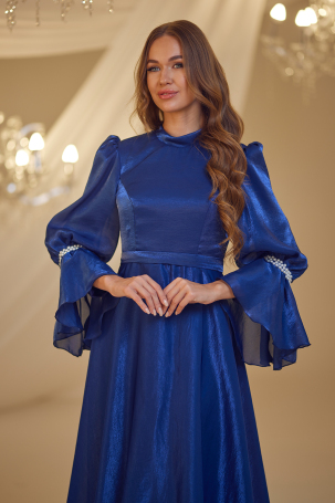 Pearl-Embroidered Evening Dress - Navy Blue - 3