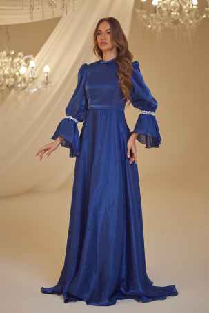 Pearl-Embroidered Evening Dress - Navy Blue - 4