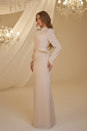 Pearl Peplum Detail Efsun Evening Dress - Mink - 2