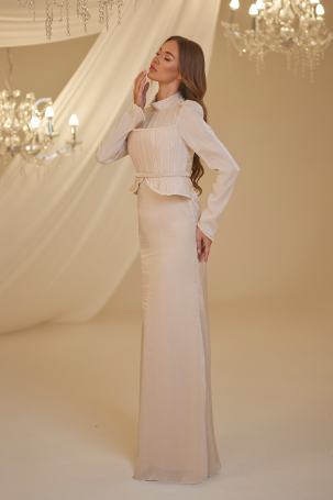 Pearl Peplum Detail Efsun Evening Dress - Mink - 4