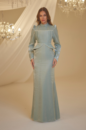 Pearl Peplum Detail Efsun Evening Dress - Mint - 1