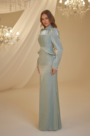 Pearl Peplum Detail Efsun Evening Dress - Mint - 2