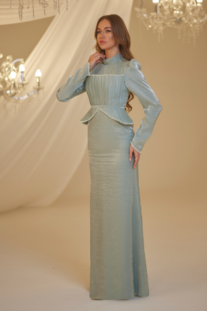 Pearl Peplum Detail Efsun Evening Dress - Mint - 4