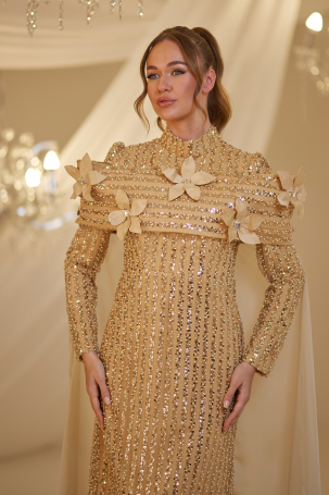 Pelerinli Çiçek Detay Hafsa Abiye - Gold - 3