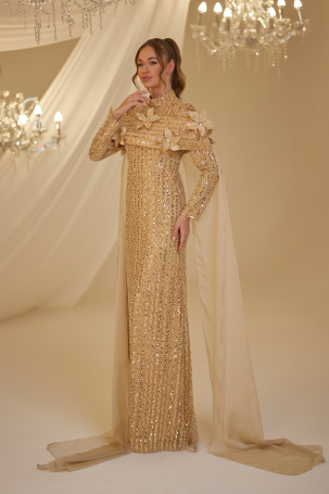 Pelerinli Çiçek Detay Hafsa Abiye - Gold - 4