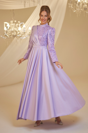 Pleated Detailed Satin Sequin Evening Dress - Lilac - Burak Baran