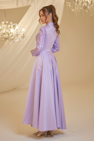 Pleated Detailed Satin Sequin Evening Dress - Lilac - 2