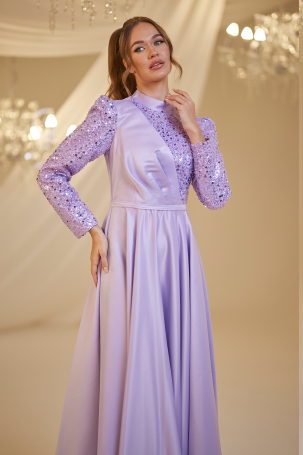 Pleated Detailed Satin Sequin Evening Dress - Lilac - 3
