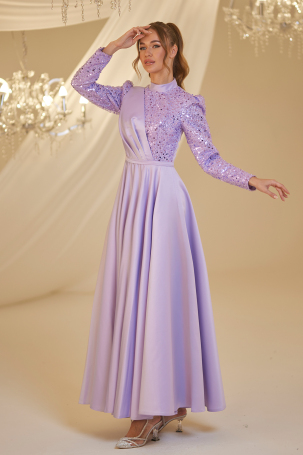 Pleated Detailed Satin Sequin Evening Dress - Lilac - 4