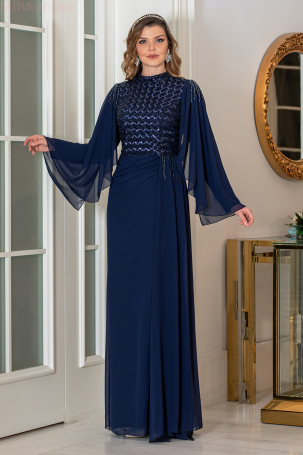 Robe de soirée en mousseline grande taille avec détails de perles - Bleu marine 