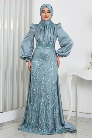Robe de soirée Incila avec cape, détails en drapé et traîne - Menthe. - 1