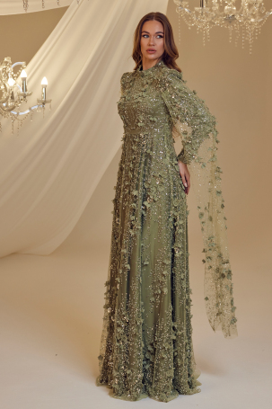 Rose Petal Detail Afife Evening Dress - Henna Green - 2