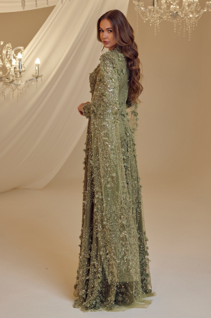Rose Petal Detail Afife Evening Dress - Henna Green - 3