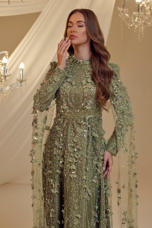 Rose Petal Detail Afife Evening Dress - Henna Green - 4