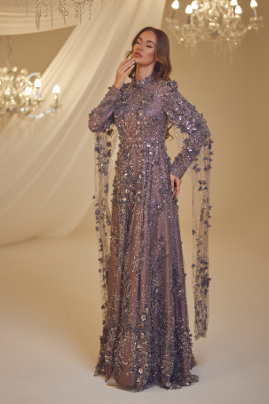 Rose Petal Detail Afife Evening Dress - Mulberry - 4
