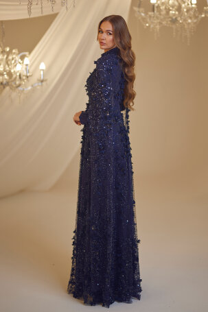 Rose Petal Detail Afife Evening Dress - Navy Blue - 2