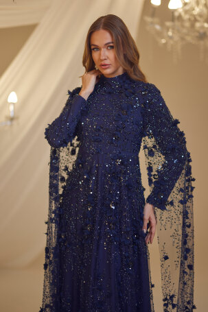 Rose Petal Detail Afife Evening Dress - Navy Blue - 3