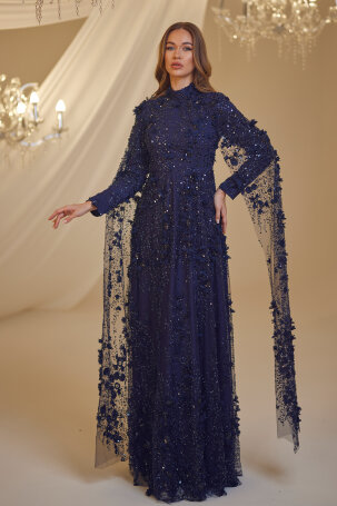 Rose Petal Detail Afife Evening Dress - Navy Blue - 4
