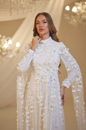 Rose Petal Detail Afife Evening Dress - White - 3