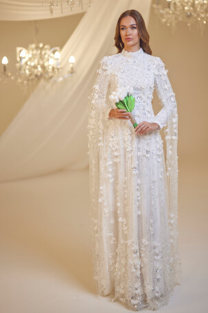 Rose Petal Detail Afife Evening Dress - White - 4