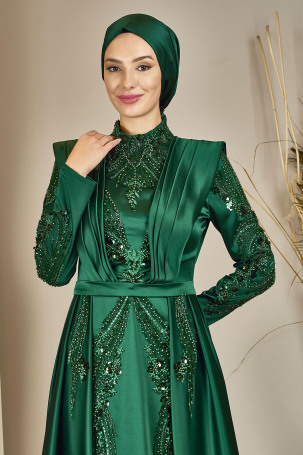 Saten Ve Dantel İşlemeli Milena Abiye - Zümrüt - 3