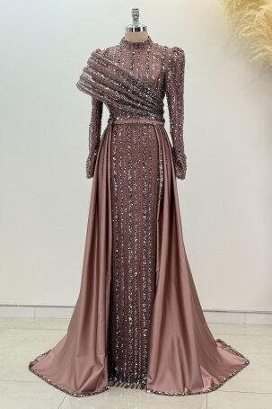 Satin Elegance Evening Dress with Shoulder Detail - Brown - 2