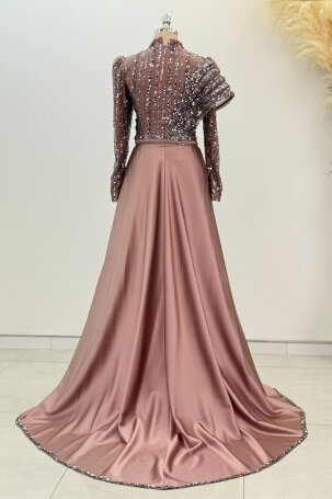 Satin Elegance Evening Dress with Shoulder Detail - Brown - 3