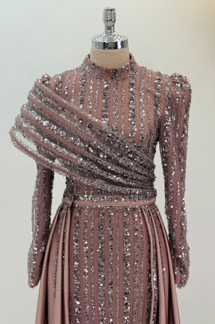 Satin Elegance Evening Dress with Shoulder Detail - Brown - 4